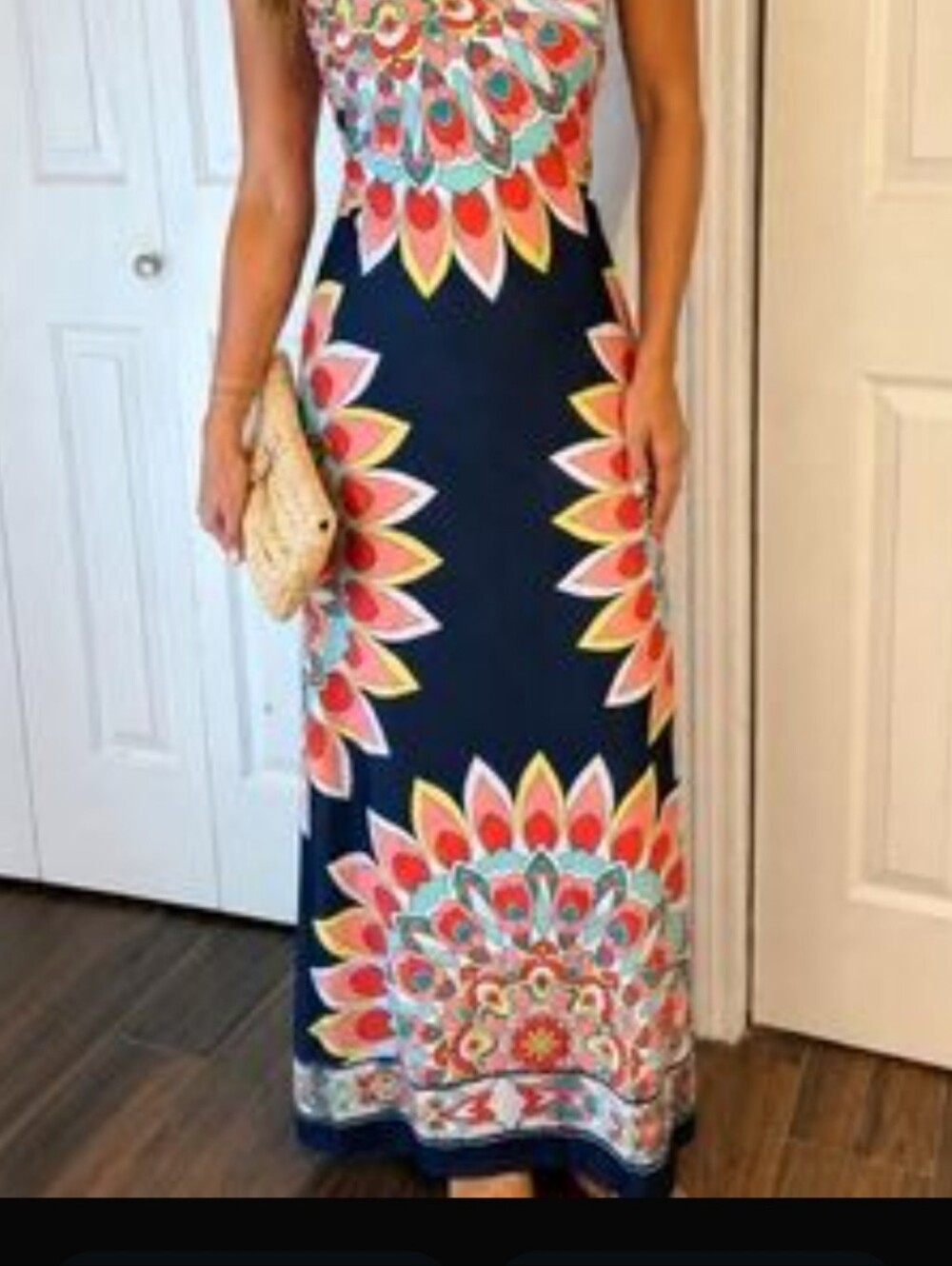 paper doll Navy Strapless Maxi with Coral, Teal & Yellow Floral Medallions
